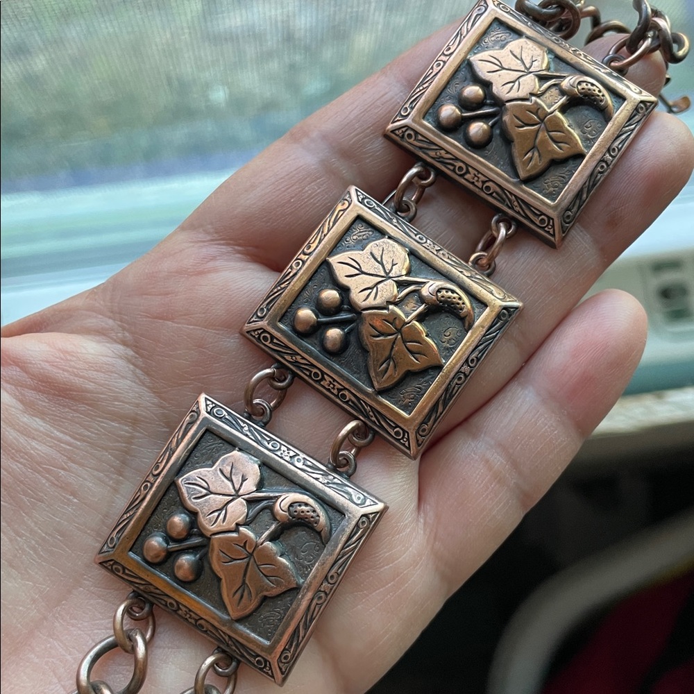 Vintage Artistic Leaf and Berry Copper Bracelet